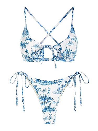 ZAFUL Damen String Bikini Set Gerippte Cut Out Zweiteiliger Badeanzug Niedrige Taille Tie Side Badeanzug, Hell, blau, S von ZAFUL