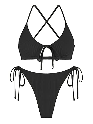 ZAFUL Damen String Bikini Set Gerippte Cut Out Zweiteiliger Badeanzug Niedrige Taille Tie Side Badeanzug, Schwarz, Medium von ZAFUL