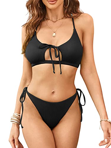 ZAFUL Damen String Bikini Set Gerippte Cut Out Zweiteiliger Badeanzug Niedrige Taille Tie Side Badeanzug, Schwarz, Medium von ZAFUL