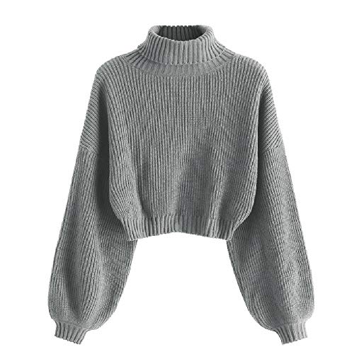 ZAFUL Damen Sweater, Rollkragen Laterne Ärmel Sweatshirt Drop Schulter Pullover Sweater(Grau, S) von ZAFUL