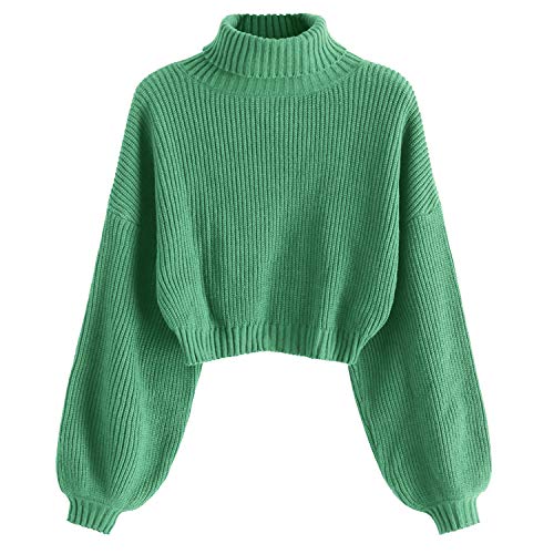 ZAFUL Damen Sweater, Rollkragen Laterne Ärmel Sweatshirt Drop Schulter Pullover Sweater(Meeresgrün, L) von ZAFUL