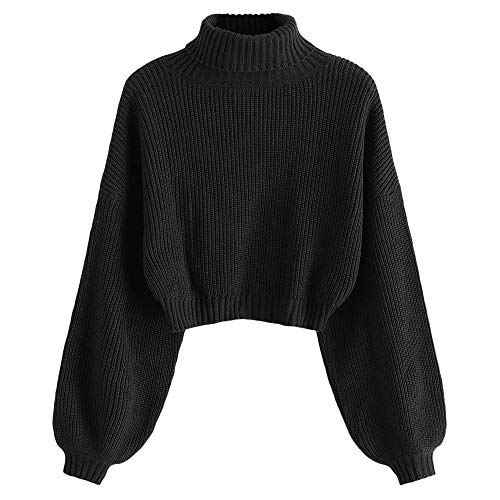 ZAFUL Damen Sweater, Rollkragen Laterne Ärmel Sweatshirt Drop Schulter Pullover Sweater(Schwarz, L) von ZAFUL