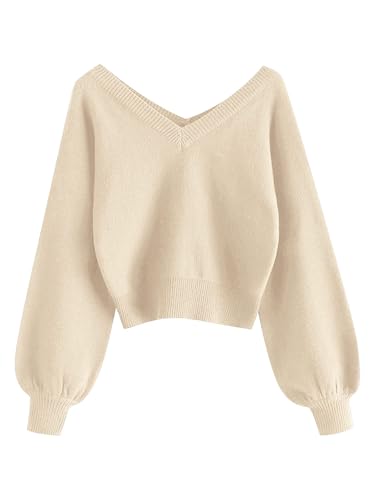 ZAFUL Damen Sweater, langärmelige doppeltem V-Ausschnitt Laterne Ärmel Kurzer Pullover Sweater (Aprikosenweiß S) von ZAFUL