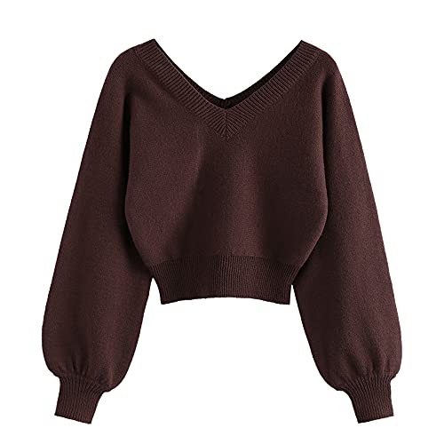 ZAFUL Damen Sweater, langärmelige doppeltem V-Ausschnitt Laterne Ärmel Kurzer Pullover Sweater (Dunkelbraun M) von ZAFUL