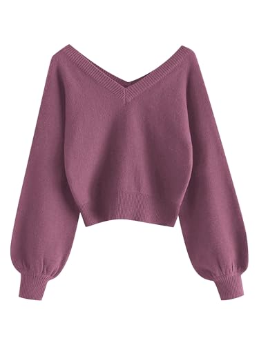 ZAFUL Damen Sweater, langärmelige doppeltem V-Ausschnitt Laterne Ärmel Kurzer Pullover Sweater (Lilarot L) von ZAFUL