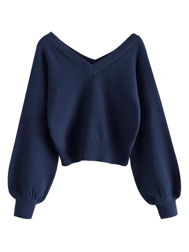 ZAFUL Damen Sweater, langärmelige doppeltem V-Ausschnitt Laterne Ärmel Kurzer Pullover Sweater (Marineblau L) von ZAFUL