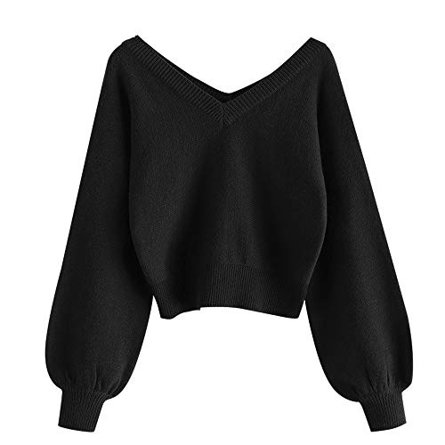 ZAFUL Damen Sweater, langärmelige doppeltem V-Ausschnitt Laterne Ärmel Kurzer Pullover Sweater (Schwarz S) von ZAFUL
