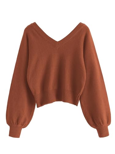 ZAFUL Damen Sweater, langärmelige doppeltem V-Ausschnitt Laterne Ärmel Kurzer Pullover Sweater (Ziegelrot L) von ZAFUL