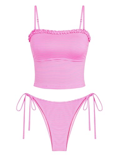ZAFUL Damen Tankini Badeanzüge Rüschen hoch geschnitten Bademode gestreift Raffhalter Knoten zweiteilig frecher Badeanzug, Rose, Medium von ZAFUL