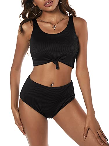 ZAFUL Damen Tankini mit hoher Taille, U-Ausschnitt, geknotet, zweiteilig, Tankini-Set, Badeanzug, 2-Schwarz, XX-Large von ZAFUL