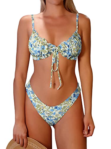 ZAFUL Damen Triangel Bikini Floral Rüschen Fliege Tie Up Bikini Set Zweiteiliger Badeanzug, A-blau, S von ZAFUL