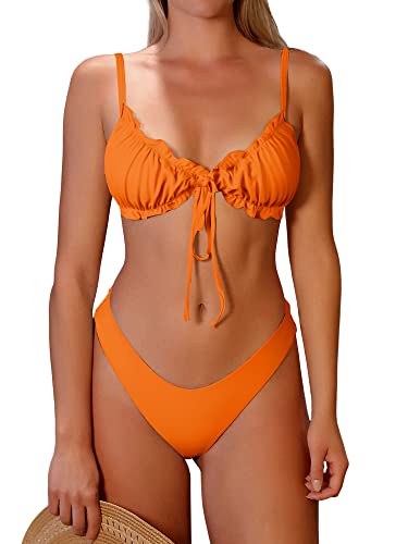 ZAFUL Damen Triangel Bikini Floral Rüschen Fliege Tie Up Bikini Set Zweiteiliger Badeanzug, B-Orange, S von ZAFUL