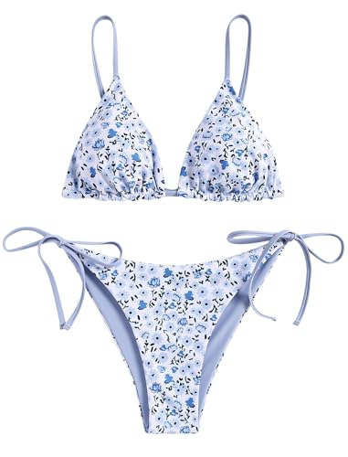 ZAFUL Damen Triangel Bikini Floral String Bikini Set Zweiteiliger Badeanzug Badehose Badeanzüge, 2 - blaue Blume, S von ZAFUL