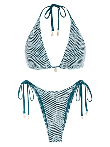 ZAFUL Damen-Triangel-Bikini Multiway Fischnetz seitlich gebunden Bandeau-Neckholder-String-Bikini-Set Zweiteiliger Badeanzug Badeanzüge(1-Dunkelgrün,S) von ZAFUL
