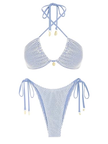ZAFUL Damen-Triangel-Bikini Multiway Fischnetz seitlich gebunden Bandeau-Neckholder-String-Bikini-Set Zweiteiliger Badeanzug Badeanzüge(1-Hellblau,XL) von ZAFUL