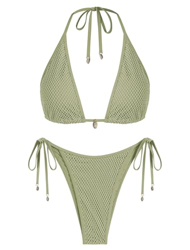 ZAFUL Damen-Triangel-Bikini Multiway Fischnetz seitlich gebunden Bandeau-Neckholder-String-Bikini-Set Zweiteiliger Badeanzug Badeanzüge(1-Hellgrün,M) von ZAFUL