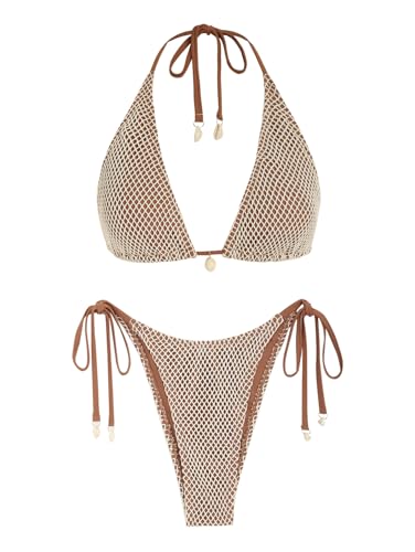 ZAFUL Damen-Triangel-Bikini Multiway Fischnetz seitlich gebunden Bandeau-Neckholder-String-Bikini-Set Zweiteiliger Badeanzug Badeanzüge(1-Kaffee,L) von ZAFUL