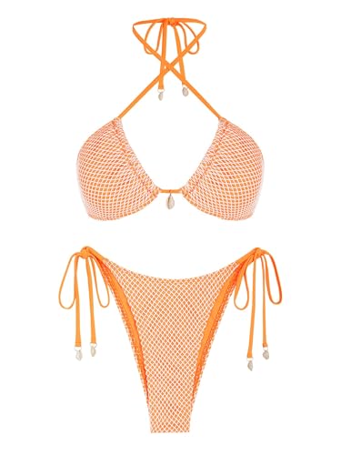 ZAFUL Damen-Triangel-Bikini Multiway Fischnetz seitlich gebunden Bandeau-Neckholder-String-Bikini-Set Zweiteiliger Badeanzug Badeanzüge(1-Orange,L) von ZAFUL