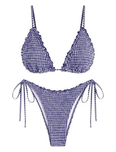 ZAFUL Damen Triangel-Bikini-Set, Rüschen, gesmokter String, hoher Schnitt, frech, zweiteiliger Badeanzug, 1-Navu Blue, Medium von ZAFUL
