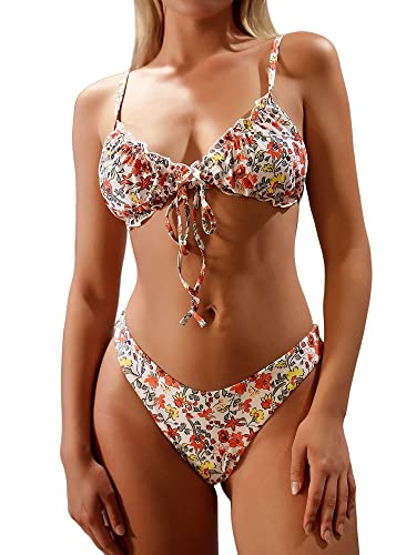 ZAFUL Damen Triangle Bikini Floral Rüschen Bow Tie Up Bikini Set Zweiteiliger Badeanzug, A-Khaki, S von ZAFUL