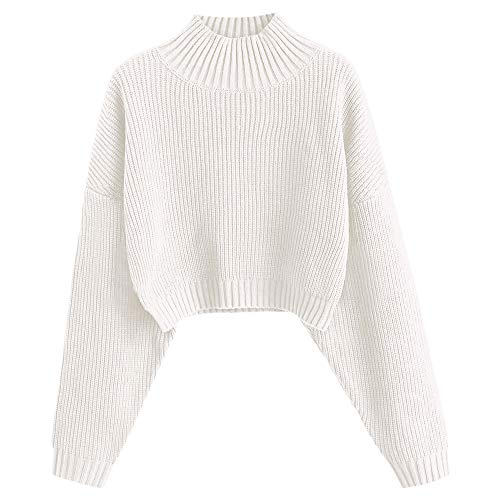 ZAFUL Strick Pullover Damen Mockneck Cropped Elegant Kurzer Bauchfreier Pulli Drop Shoulder Langarm Sweater for Herbst Winter (A-Weiß, L) von ZAFUL