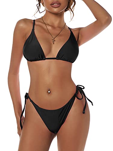 ZAFUL Damen Whip Stitch Textured String Triangel Bikini Set Zweiteiliger Badeanzug, Solid Black, Medium von ZAFUL