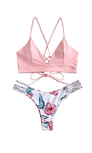 ZAFUL Damen Zweiteilig Bikini-Set mit Flechtgurt verstellbarem BH Push-Up Rücken, Triangle Bustle Badehose mit Blummenmuster (Rosa, L) von ZAFUL