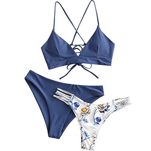 ZAFUL Damen Bikini-Set 3 Pieces mit Blumenmuster gepolstegrte Push-Up BH mit Flechtgurt Cami Triangel Cheeky Badeanzug Badebekleidung (3-DunkelBlau,S) von ZAFUL