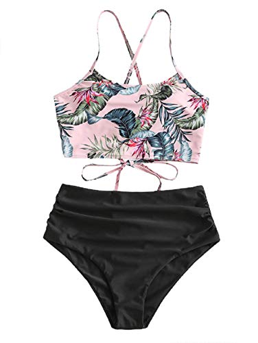 ZAFUL Damen Zweiteiliger Bikinis, gepolsterter Badeanzug mit Blattdruck Schnür-Tankini Oberteil hochtaillierte Shorts gemischter Badeanzug (Blätter-Schwarz, L) von ZAFUL