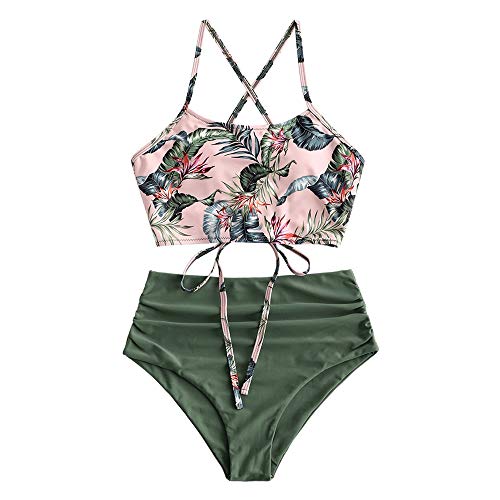 ZAFUL Damen Zweiteiliger Bikinis, gepolsterter Badeanzug mit Blattdruck Schnür-Tankini Oberteil hochtaillierte Shorts gemischter Badeanzug (Blätter-Grün, L) von ZAFUL