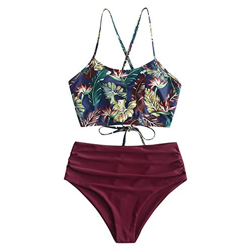 ZAFUL Damen Zweiteiliger Bikinis, gepolsterter Badeanzug mit Blattdruck Schnür-Tankini Oberteil hochtaillierte Shorts gemischter Badeanzug (Blätter-Rot, L) von ZAFUL