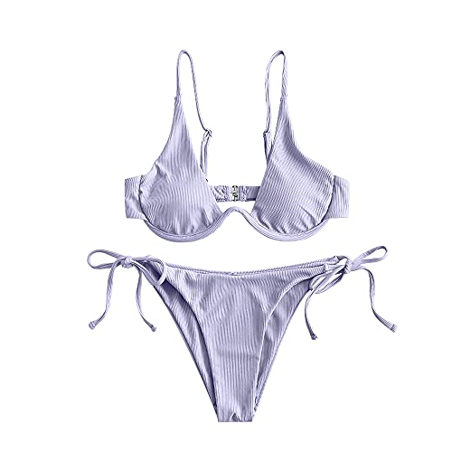 ZAFUL Damen Zweiteiliger Bügel Bikini-Set, Leopardenmuster Criss Cross Push Up High-Cut Gepolsterte Bikini Badeanzug (A-Hellviolett,L) von ZAFUL