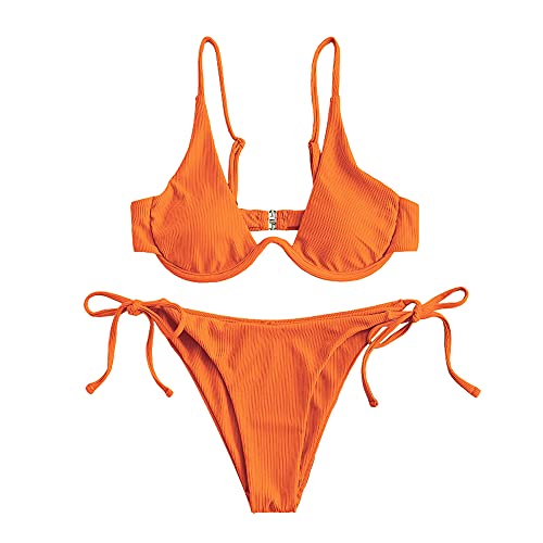 ZAFUL Damen Zweiteiliger Bügel Bikini-Set, Leopardenmuster Criss Cross Push Up High-Cut Gepolsterte Bikini Badeanzug (A-Orange,L) von ZAFUL