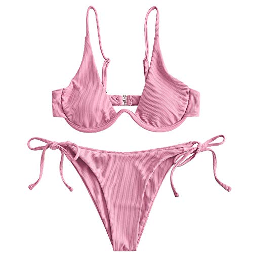 ZAFUL Damen Zweiteiliger Bügel Bikini-Set, Leopardenmuster Criss Cross Push Up High-Cut Gepolsterte Bikini Badeanzug (A-Rosa,M) von ZAFUL