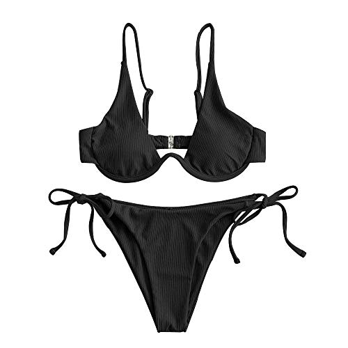 ZAFUL Damen Zweiteiliger Bügel Bikini-Set, Leopardenmuster Criss Cross Push Up High-Cut Gepolsterte Bikini Badeanzug (A-Schwarz,L) von ZAFUL