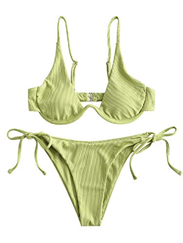 ZAFUL Damen Zweiteiliger Bügel Bikini-Set, Leopardenmuster Criss Cross Push Up High-Cut Gepolsterte Bikini Badeanzug (A-Grün,L) von ZAFUL