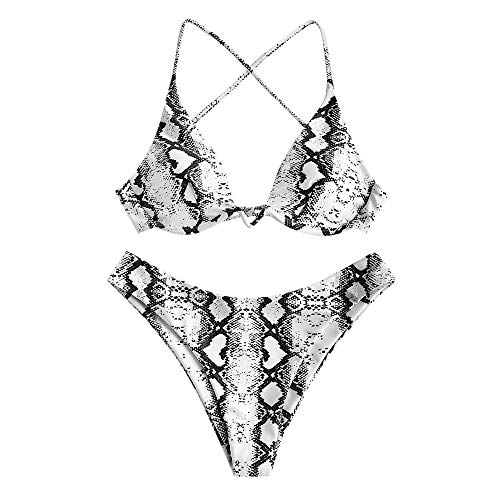 ZAFUL Damen Zweiteiliger Bügel Bikini-Set, Leopardenmuster Criss Cross Push Up High-Cut Gepolsterte Bikini Badeanzug (Weiß, M) von ZAFUL