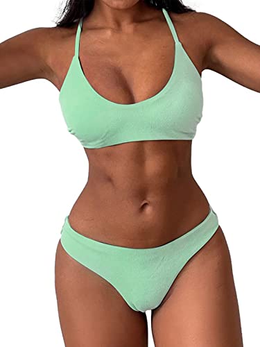 ZAFUL Damen Zweiteiliger U-Ausschnitt Bikini Crop Top Criss Cross Push Up Bikini Set Tanks Top Badeanzug, A - Mintgrün., Large von ZAFUL