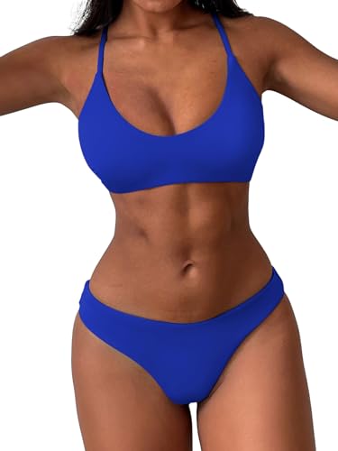 ZAFUL Damen Zweiteiliger U-Ausschnitt Bikini Crop Top Criss Cross Push Up Bikini Set Tanks Top Badeanzug, A-royal blau, Large von ZAFUL