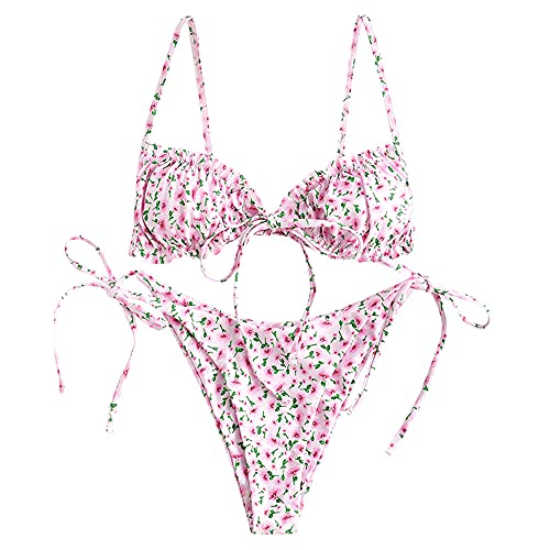 ZAFUL Ditsy Floral Frilled Tie Knot Front Riemchen-Bikini-Sets Bademode von ZAFUL