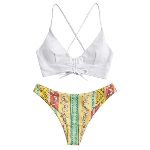 ZAFUL Ethnisch Drucken Gerippt Schnüren Zugezogen Frech Hoher Schnitt Bikini-Set Fest Gepolstert Zwei Stücke Badeanzug Bademode für Damen (5-Weiß,L) von ZAFUL