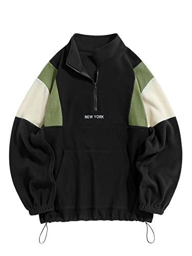 ZAFUL Flauschiges Polar-Fleece-Sweatshirt für Herren, New York Stickerei, Colorblock, halber Reißverschluss, Unisex Hoodie, Schwarz, XX-Large von ZAFUL