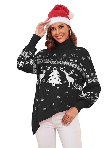 ZAFUL Frauen Weihnachtspullover Übergroße Pullover Casual Lose Langarm Strickoberteile, Schwarz-1, Mittel von ZAFUL