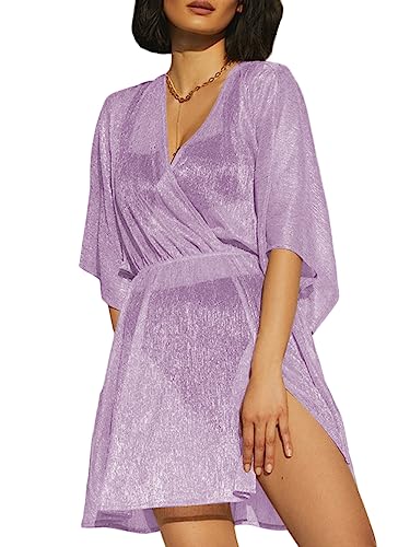 ZAFUL Frauen gehäkeltes Kleid Kurzarm Wrap V-Ausschnitt Beachwear Coverup Sheer Elastische Taille Badeanzug Coverup, Violett, Large von ZAFUL