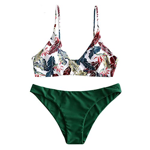 ZAFUL Gepolsterte Bikini Set, Push Up Badeanzug mit tropischem Blattmuster Hoher Bund Spaghettiträger Bademode Sommer (Dunkelgrün, L) von ZAFUL