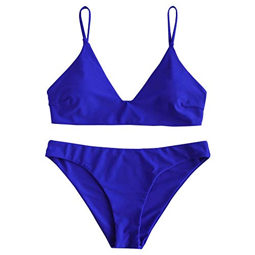 ZAFUL Gepolsterte Bikini Set, Push Up Badeanzug mit tropischem Blattmuster Hoher Bund Spaghettiträger Bademode Sommer (Einfarbig - Kobaltblau, M) von ZAFUL