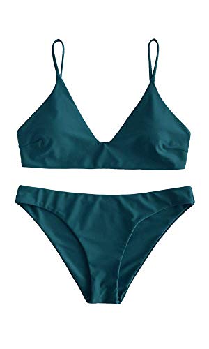 ZAFUL Gepolsterte Bikini Set, Push Up Badeanzug mit tropischem Blattmuster Hoher Bund Spaghettiträger Bademode Sommer (Einfarbig - Pfauenblau, L) von ZAFUL