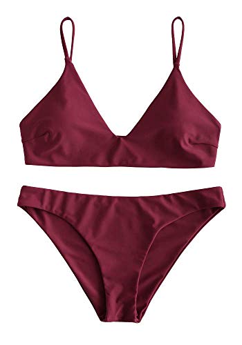 ZAFUL Gepolsterte Bikini Set, Push Up Badeanzug mit tropischem Blattmuster Hoher Bund Spaghettiträger Bademode Sommer (Einfarbig - Weinrot, S) von ZAFUL