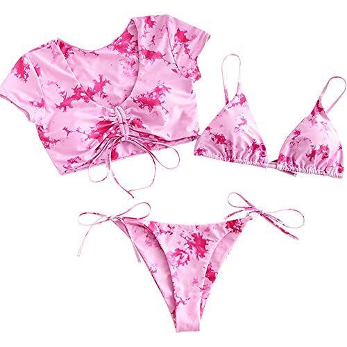 ZAFUL Gepolsterte Bikini Set, Tie-Dye-Druck Spitze Dreieck Cup + Weste Oberteil dreiteilig Sets Niedrigtaile gebundene Badeshorts (3-teiliger-Rosa, M) von ZAFUL