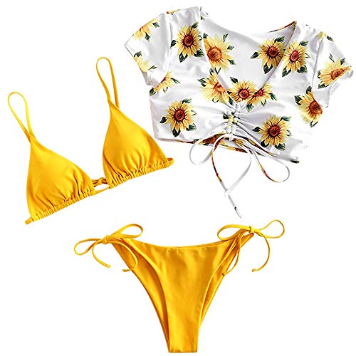 ZAFUL Gepolsterte Bikini Set, Tie-Dye-Druck Spitze Dreieck Cup + Weste Oberteil dreiteilig Sets Niedrigtaile gebundene Badeshorts (Gelb-Sonnenblumenmuster,L) von ZAFUL